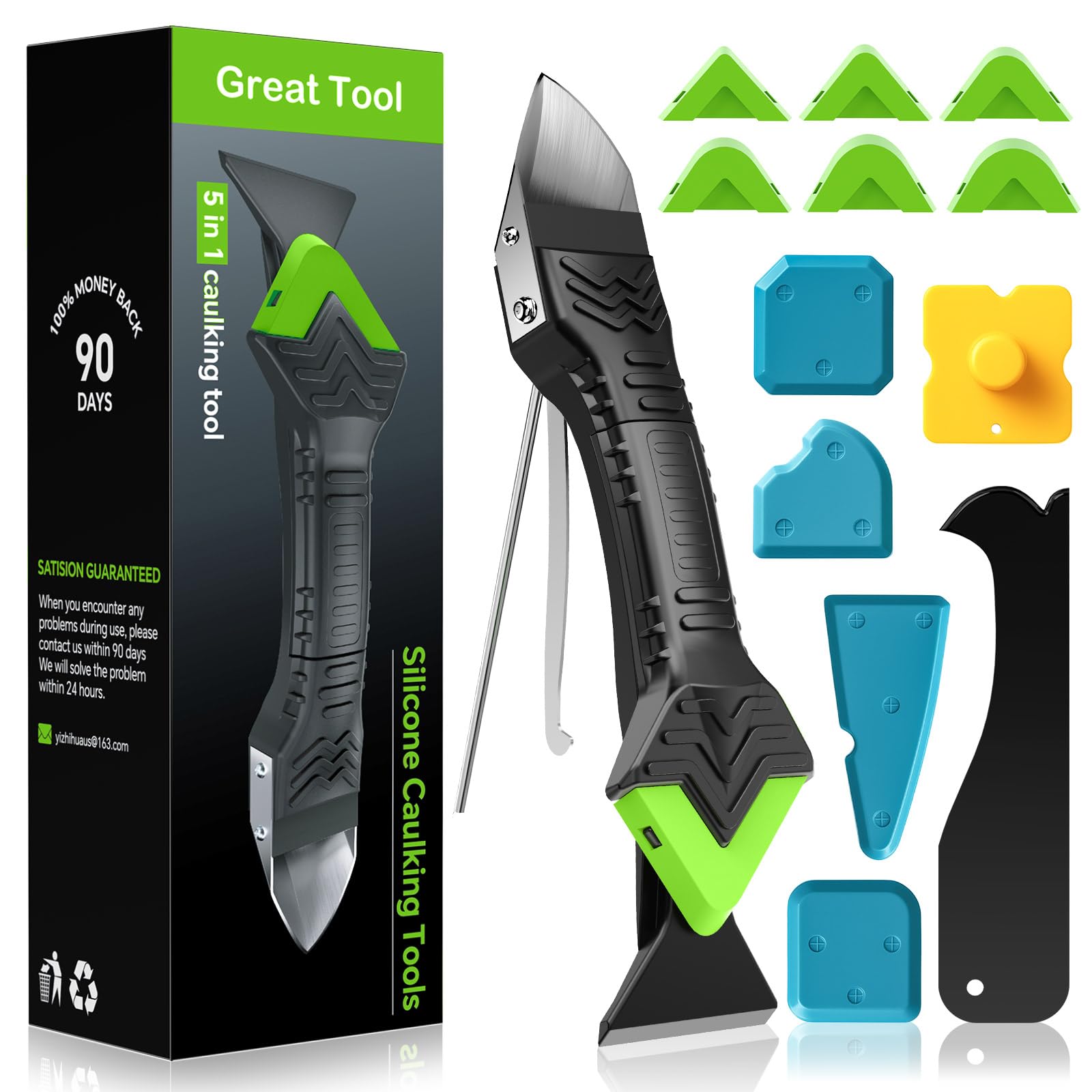 Caulking Tool 5 in 1 Silicone Caulking Grout Removal Sealant Finishing Tool with Grout Scraper, 6 Exchange Silicone Pads, Adhesive Residue Scraper Seam Repair Kit for Kitchen Bathroom