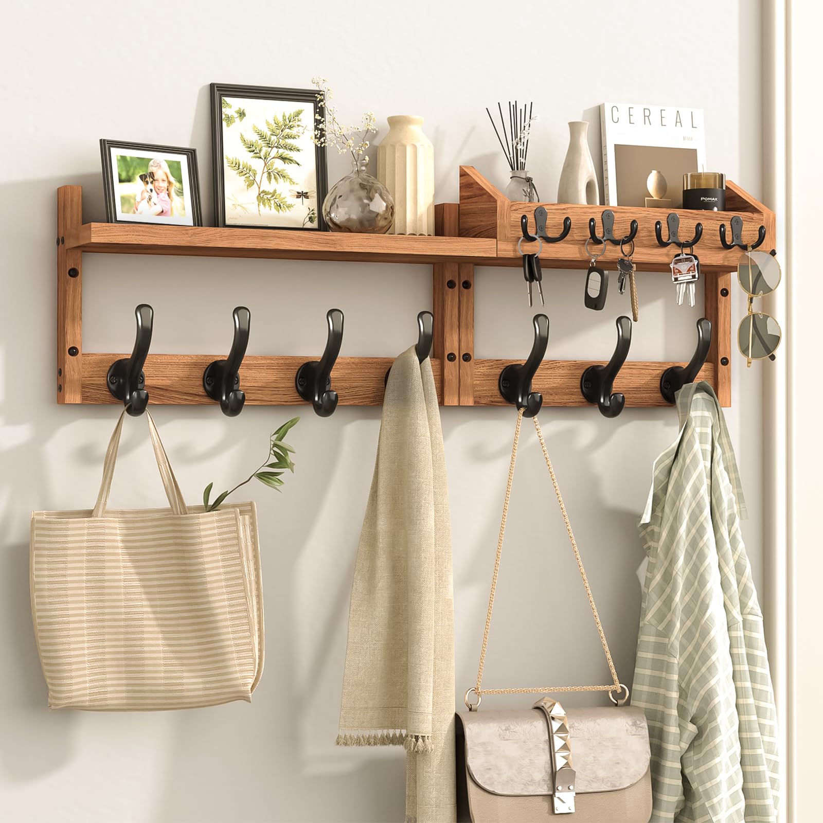 Evermagin 29" Coat Rack Wall Mount with Shelf, 4 in 1 Wall Mounted Coat and Key Hanger with 11 Hooks, Entryway Key Holder with Mail Holder for Living Room, Bedroom