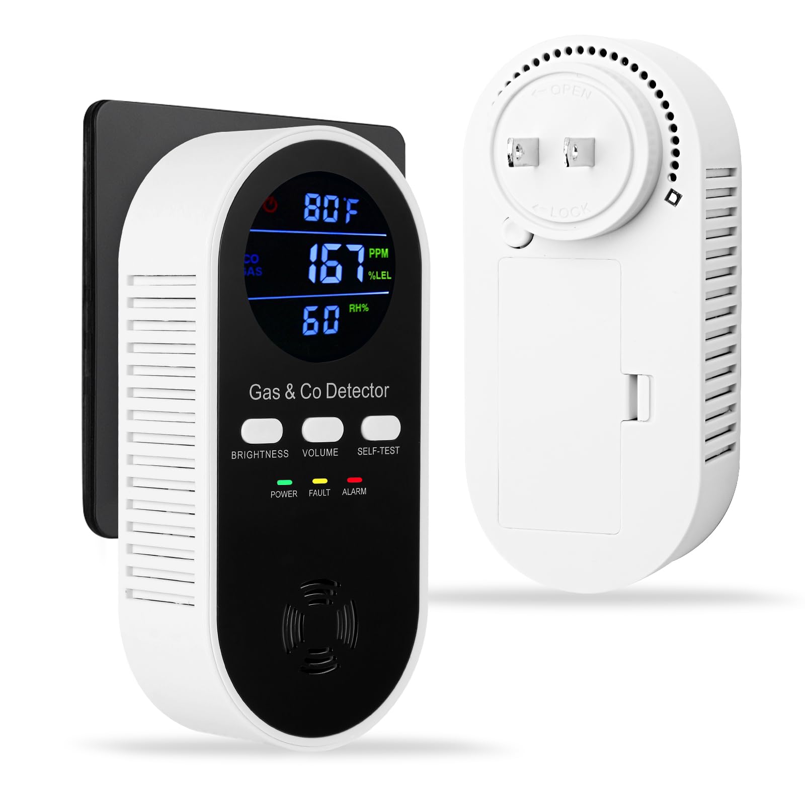 5-in-1 Explosive-Gas-Detectors and Carbon-Monoxide-Detectors,Plug-in CO Alarm&Natural Gas Detector with Temperature(°F) & Humidity & Battery Backup,Adjustable Volume & Brightness for Home,RV,Apartment